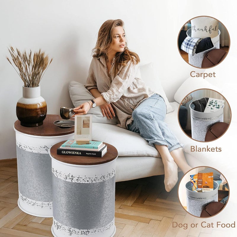 RUSTOWN Farmhouse Accent Side Table, Rustic Storage Ottoman Seat Stool, Galvanized Antique Metal End Table Box Bin with Round Wood Lid, Coffee or Cocktail Table, Nesting Pieces Two (White Distressed) - Image 5